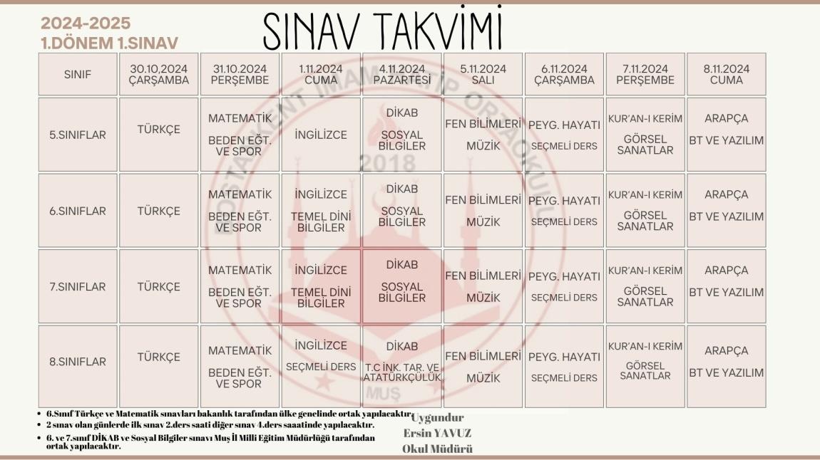 Okulumuzun 1. dönem sınav takvimi